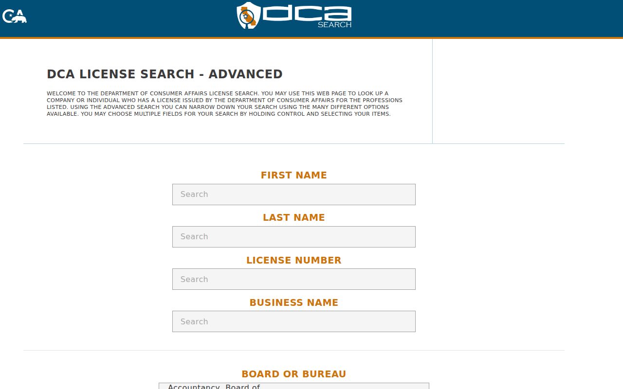 Vista people search with California professional license fields