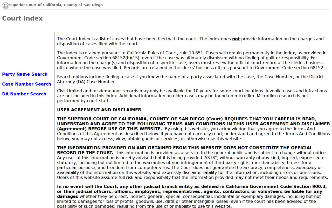 Vista people search through the San Diego Superior Court Index
