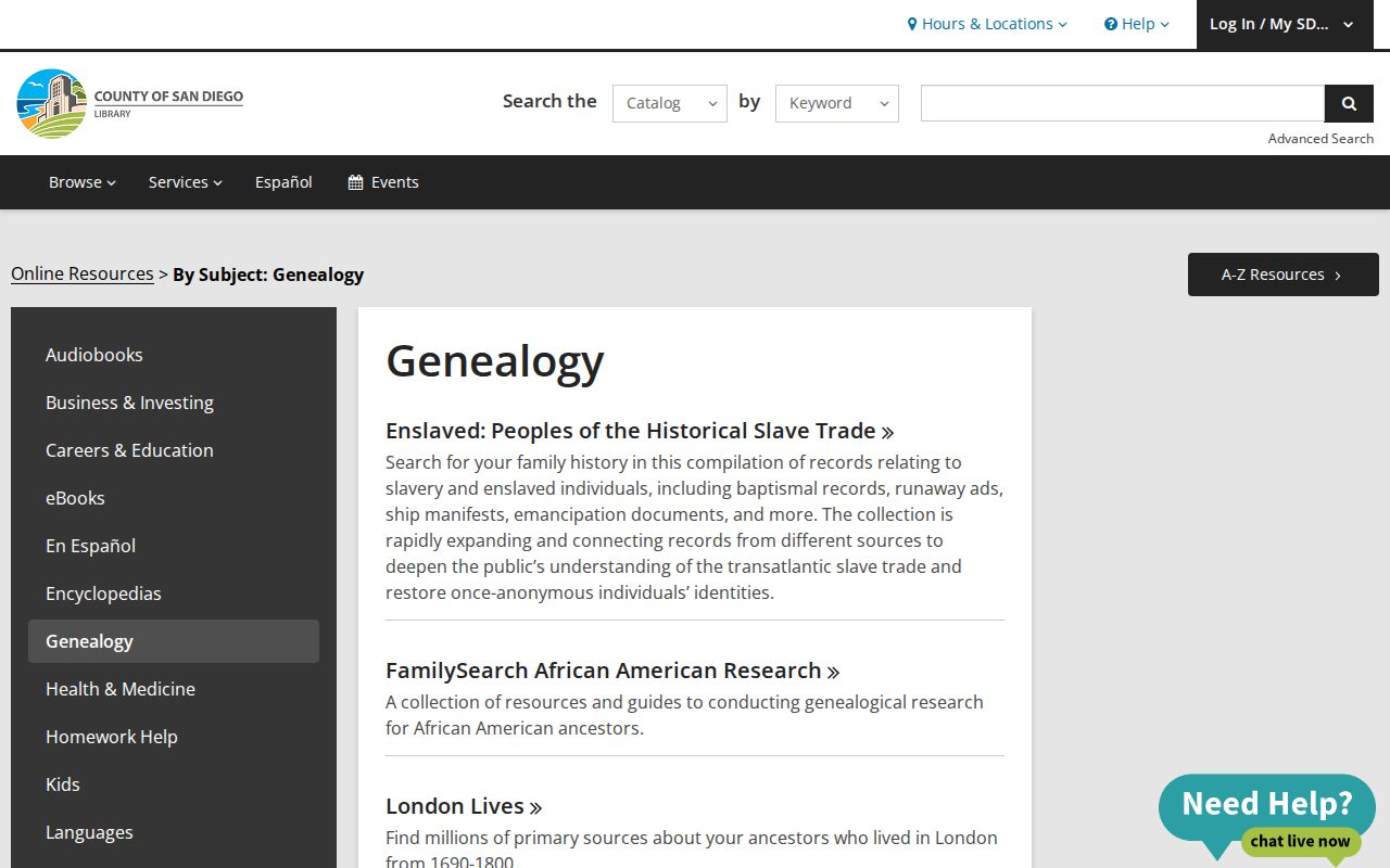 Vista people directories screenshot of San Diego County Library genealogy resources