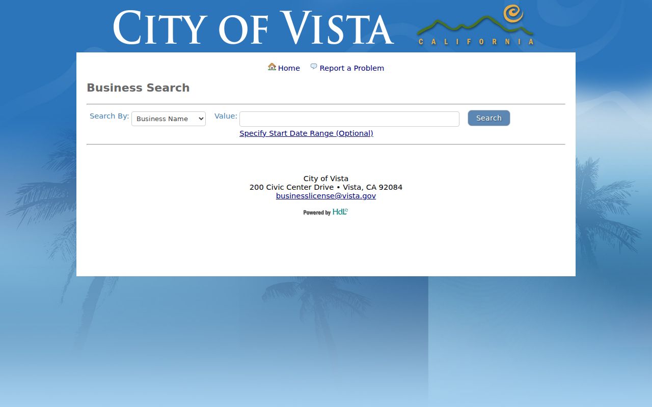 Vista people directories screenshot of the city business license search