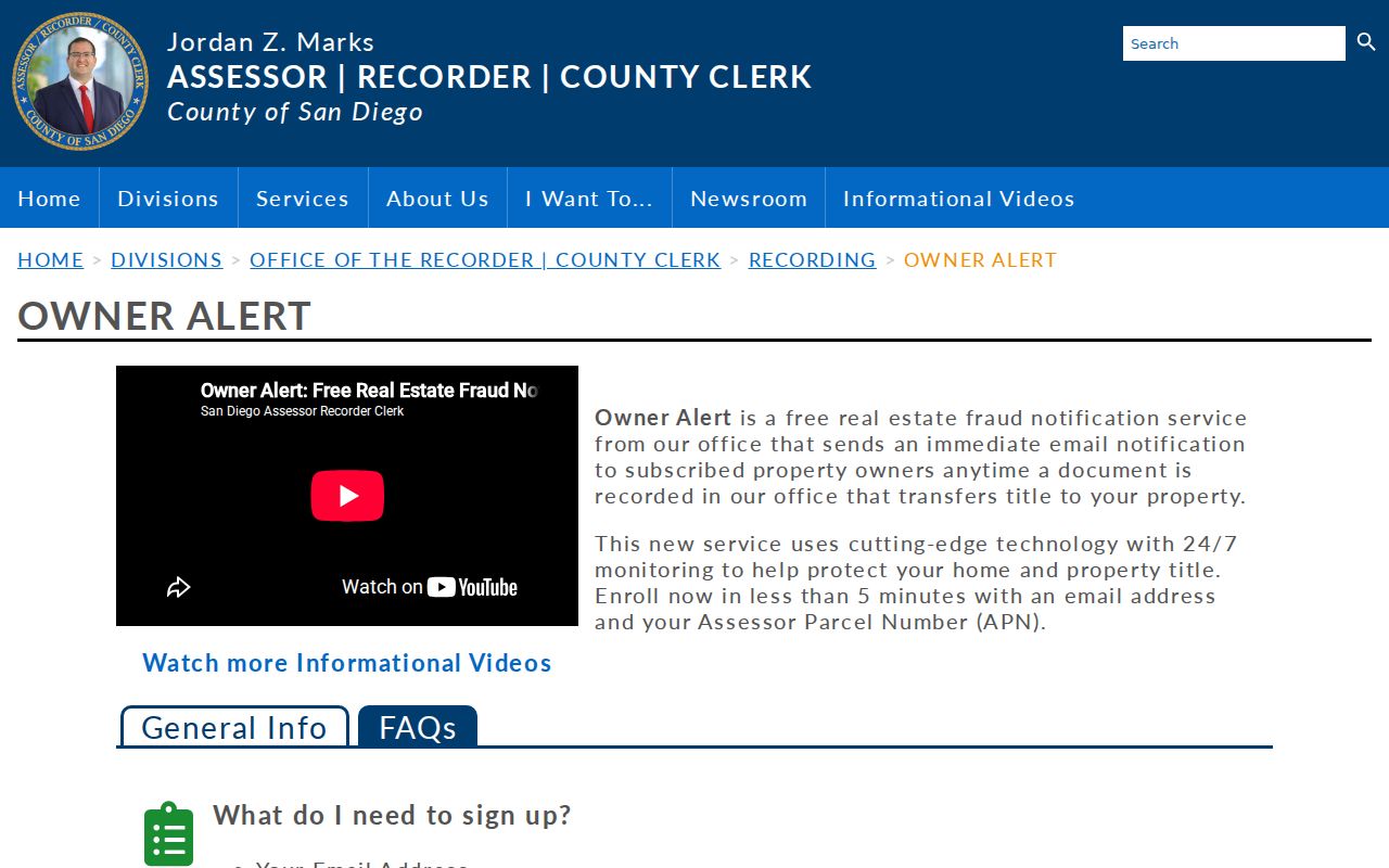 Vista public records protection through the San Diego County ARCC Owner Alert service