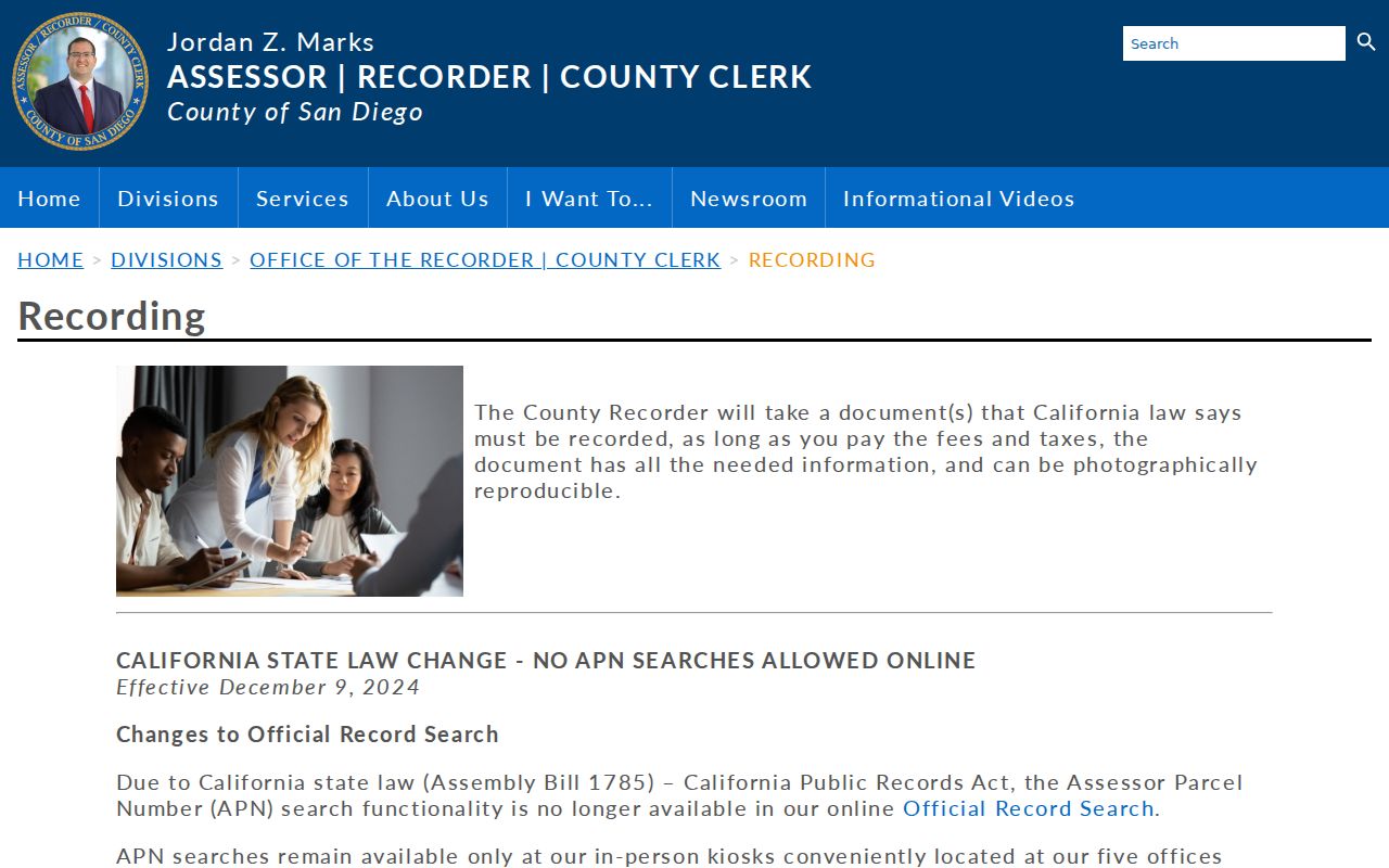 Vista public records access details on the San Diego County ARCC recording page