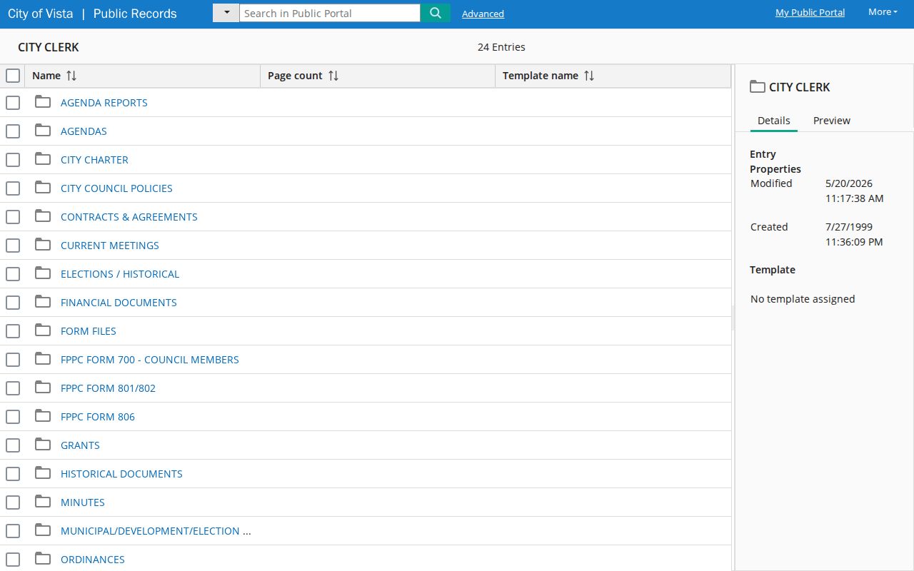 Vista public records browse portal in the Laserfiche system